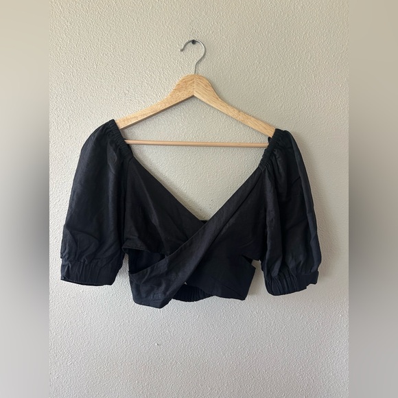 Anthropologie Linen Blend V Neck Cutout Crop Top Black Open Back Size XS - Picture 3 of 10